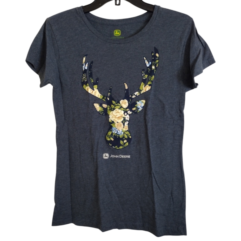 John Deere blue T-shirt with multicolor floral Deer silhouette size medium